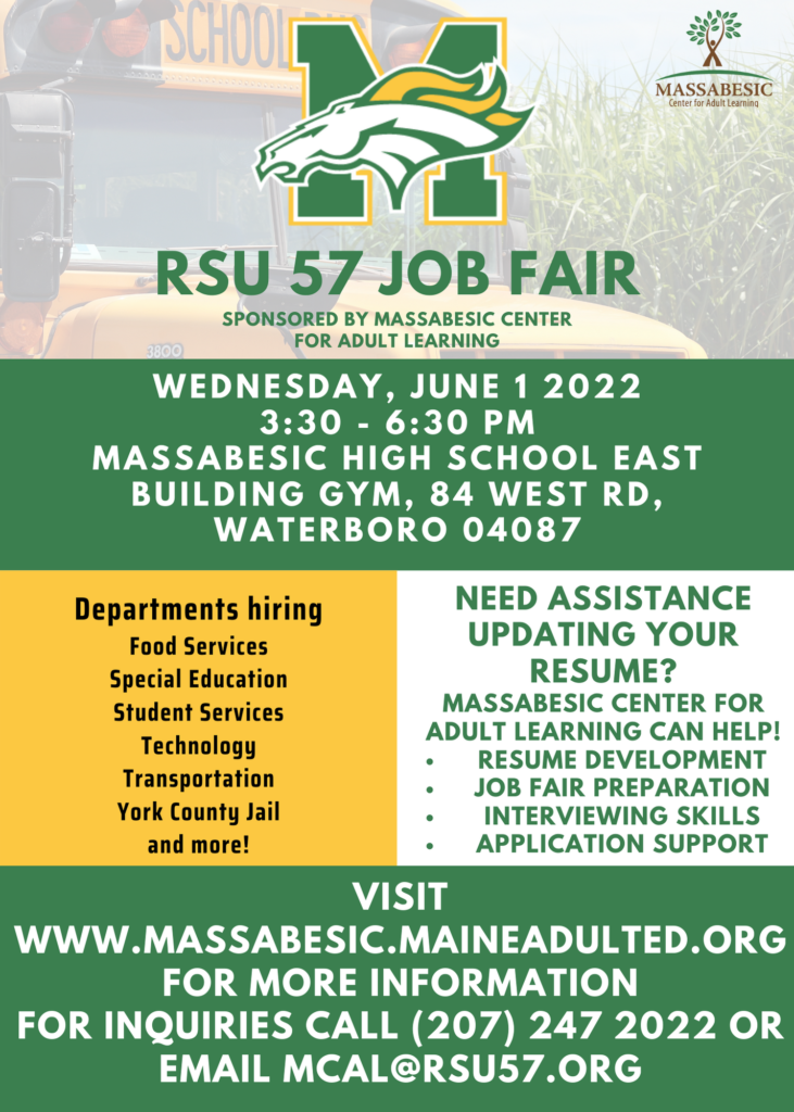 Job Fair Wednesday June 1 3:30-6:30 at MHS East Gym. Need help with your resume? Contact MCAL office at mcal@rsu57.org